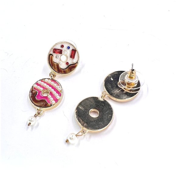 NWT – Belk – Cute Playful Jeweled Donut Motif Pearl 2” Dangle Post Stud Earrings - Picture 5 of 8